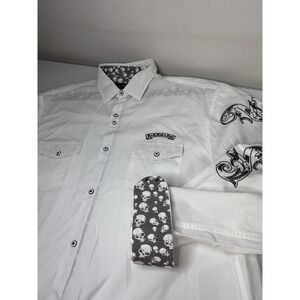 Mens Rock-N-Roll Soul Button Up Shirt Size 3XL White Skulls Cross Tribal